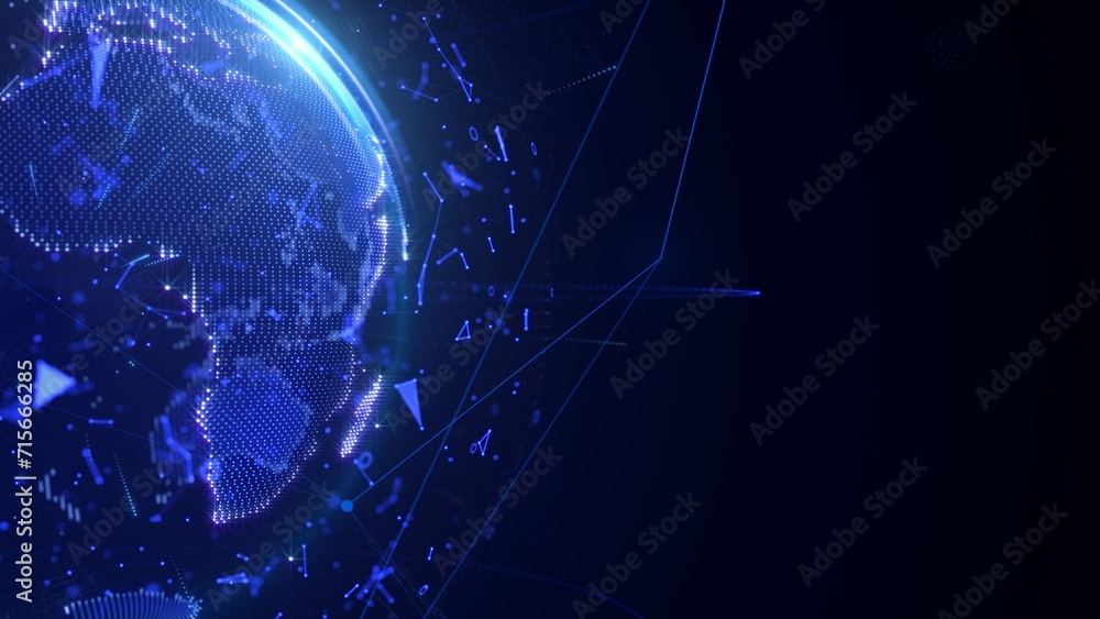 Poster Abstract Digital 3D Rendering Blue Earth Spinning Concept with Connection Data Stream Line Network Simulation Illustration Background. Futuristic Scientific Global Communication Infographic.