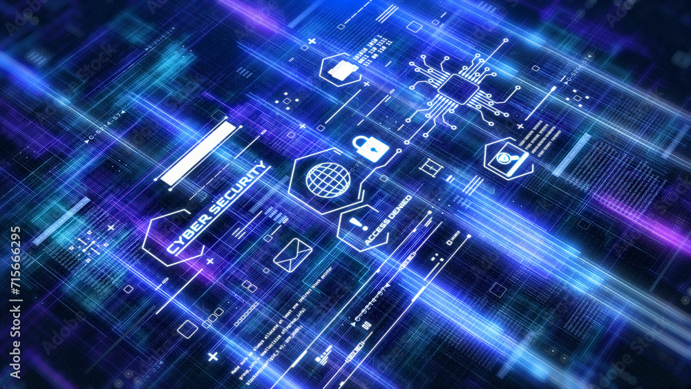 Poster Cyber attack security an encryption network protection business technology. Internet UI access authorize with padlock, shield, folder, wifi icon illustration background.