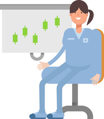 Nurse Character Presenting Candlestick Chart
