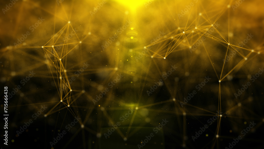 Poster Abstract low polygonal gold color network connection flowing structure with lens flare illustration background.