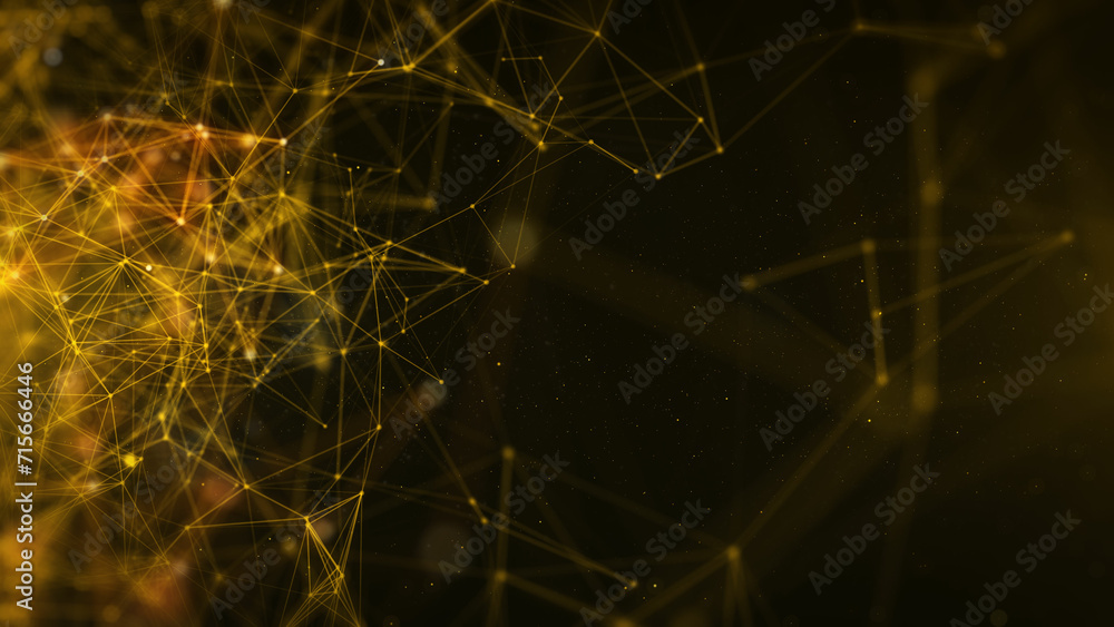 Aufkleber Abstract polygonal, low poly network connection structure spinning. Technology gold dots, lines mesh flowing in golden space with lens flare flickering illustration background