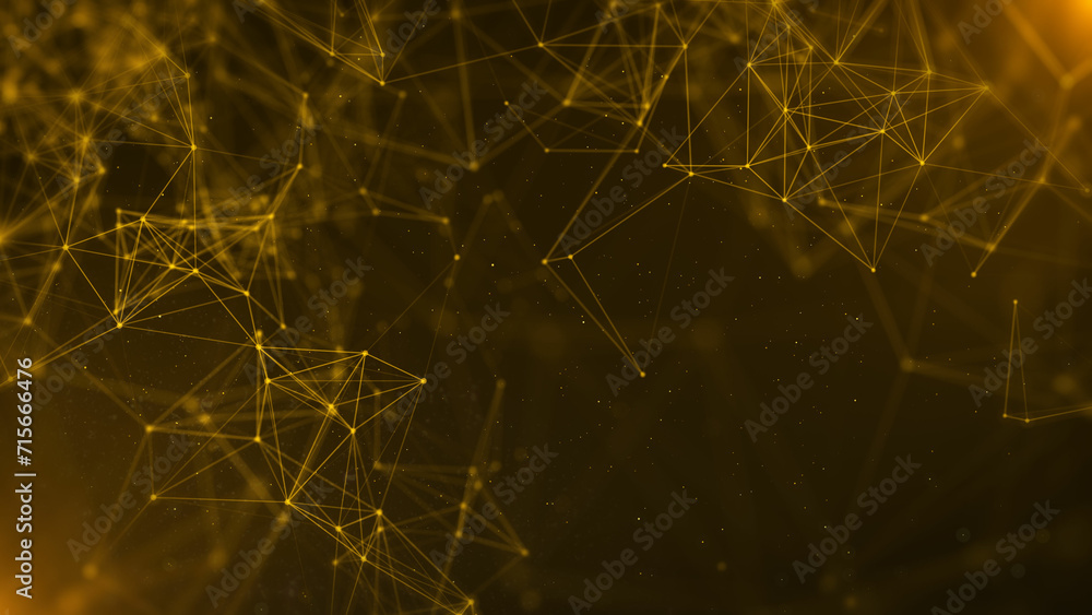 Poster Abstract polygonal, low poly network connection structure spinning. Technology gold dots, lines mesh flowing in golden space with lens flare flickering illustration background