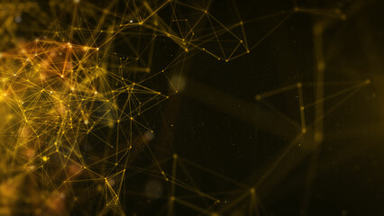 Abstract polygonal, low poly network connection structure spinning. Technology gold dots, lines mesh flowing in golden space with lens flare flickering illustration background