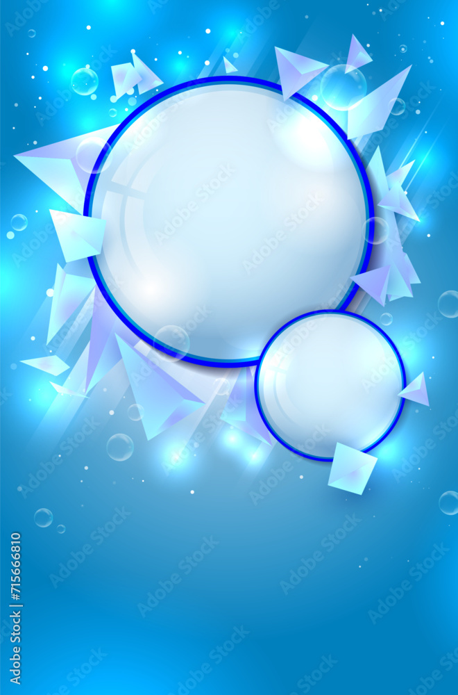 Poster abstract blue background with triangle and circle shapes, shiny lights and copy space for your desig