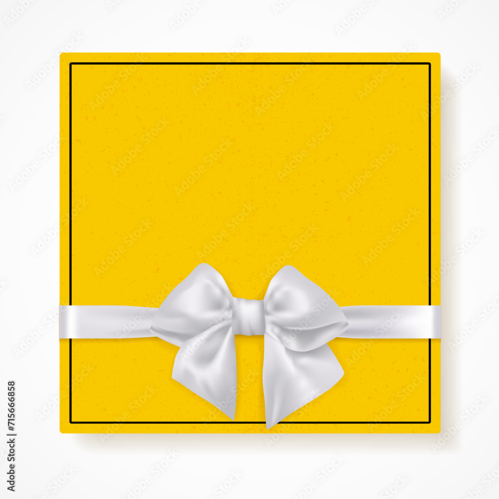 Poster grungy texture square yellow frame with silver bow and copy space