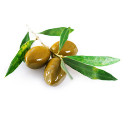 Ripe green olives with leaves