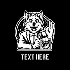 funny wolf cartoon with speaker vector illustration, icon, mascot logo on black background