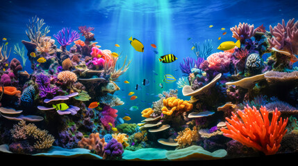 Sea coral reef and colorful fishes, sun rays penetrating surface - diverse underwater life