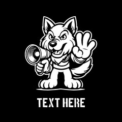 funny wolf cartoon with speaker vector illustration, icon, mascot logo on black background