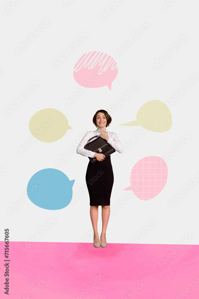 Sticker collage artwork image of charming beautiful woman office agent hold bag tell news isolated on drawin