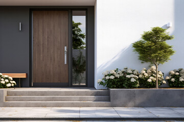 Stairs and entrance door to modern family house, ornamental shrubs and flowers