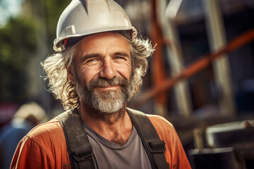 Friendly smiling construction worker, middle-aged Caucasian man with graying beard, hair and work helmet