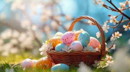 Wicker basket full of multicolored painted easter eggs on spring meadow under blooming cherry tree