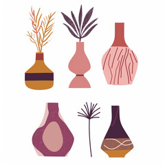 Clipart de vasos com plantas nas cores rosa, bege e laranja isolado no fundo branco