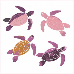Clipart de tartarugas marinhas nas cores rosa, bege e laranja isolado no fundo branco