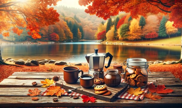 an autumnal outdoor picnic scene on a wooden table