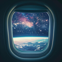 Into space looking through plane window into infinity universe. retro style. wide angle