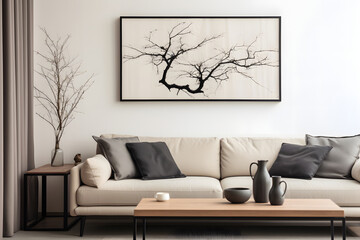 wooden coffee table near a gray sofa, black pillows, and rustic cabinets against a white wall with a horizontal poster frame