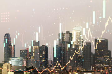 Multi exposure of abstract virtual financial graph hologram on Los Angeles skyline background, forex and investment concept