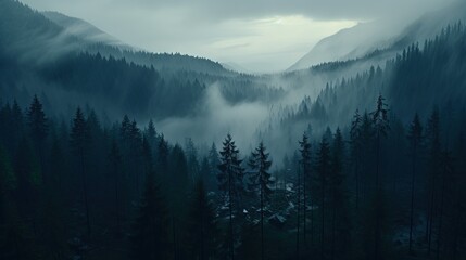 Evening dense foggy forest with high mountains in distance. Mysterious and atmospheric forest...