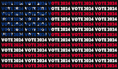 A USA vote 2024 text illustration design aligned with the red, white and blue stars and stripes of the American flag