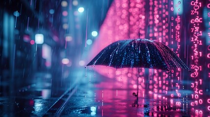 Matrix of neon code rain falling on a digital umbrella. - obrazy, fototapety, plakaty
