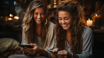 happy woman watching the smart phone. girl and friend having fun and looking at smart phone and tablet,people, friendship, cloud computing and technology concept - group of smiling teenage friends  - obrazy, fototapety, plakaty