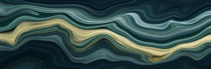 green, yellow and blue lines of abstract wavy waves, in the style of marble, dark green and dark beige, shaped canvas, cellular formations, organic stone carvings, dark green and