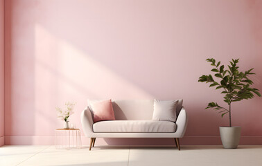 modern living room with sofa, 3d rendering, elegant  pink  sofa, and pillow, potted houseplant against the pink wall, interior design of a modern living room - obrazy, fototapety, plakaty