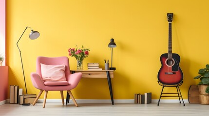 A cozy room featuring a yellow wall a stylish pink chair and a guitar on a stand