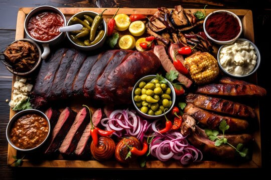 A traditional Texan barbecue feast, with perfectly smoked brisket, ribs, and sausage sizzling on the grill.