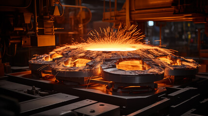 pouring molten metal to casting mold. Tank pours liquid metal at the steel mill. Blast furnace, cast iron production. Metal poured out of the metallurgical furnace.  - obrazy, fototapety, plakaty