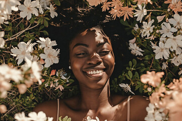 A young woman with a beaming smile lies surrounded by white flowers, her expression exuding tranquility and contentment amidst the floral abundance - 715669631