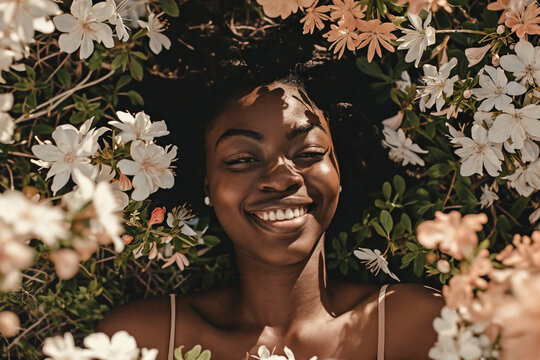 A young woman with a beaming smile lies surrounded by white flowers, her expression exuding tranquility and contentment amidst the floral abundance