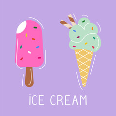 Ice cream with different flavors. Vector illustration for web design, print