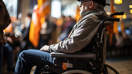 A close up portrait of an older man sitting in his wheelchair  - obrazy, fototapety, plakaty