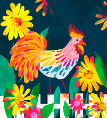 Illustration of colorful rooster on the fence