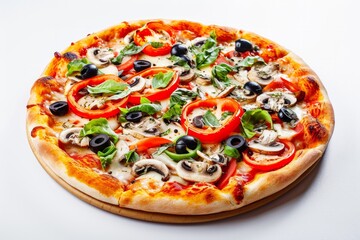 Delicious vegetarian pizza with champignon mushrooms, tomatoes, mozzarella, peppers, and black olives, isolated on a white background, isolated, close-up