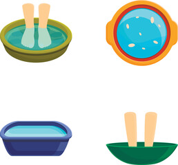Foot bath icons set cartoon vector. Female feet soaking in bowl with water. Spa foot care