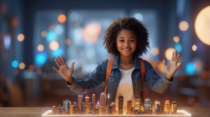 Female architect of metaverse worlds. Creative teenage girl shows a projection of a cityscape in augmented reality. AR, VR, metaverse concept
