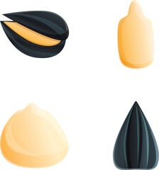 Sunflower seed icons set cartoon vector. Peeled and unshelled sunflower seed. Natural product, healthy snack