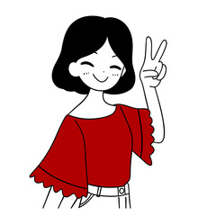 a woman with a peace sign in her hand