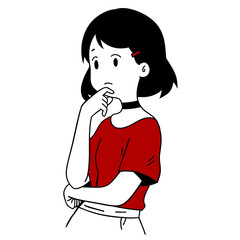 a woman with a red shirt and a black hair