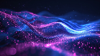 A captivating visual of sparkling particles and waves in brilliant pink and blue hues, symbolizing a fusion of technology and imagination is AI Generative