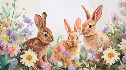 Watercolor Trio of Bunnies Amongst Spring Flowers. Three watercolor rabbits nestled in vibrant springtime blooms.