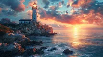 Fotobehang Beautiful lighthouse cliff overlooking ocean while a sunset © MNFTs