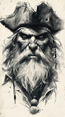 A black and white drawing of a pirate.