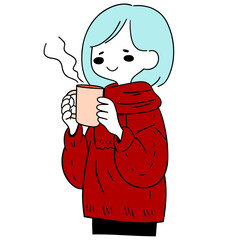 a woman in a red sweater holding a cup of coffee