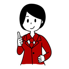 a woman in a red jacket giving a thumbs up