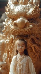 Little girl Traditional Chinese in front of the golden dragon with a joyful smile and charming hair, Year of the Dragon.